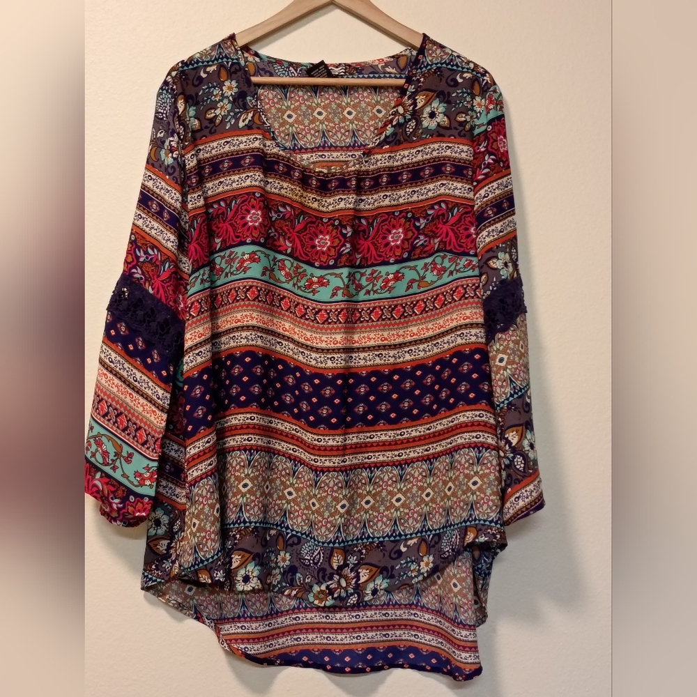 Belle & Tweed Women's Plus 1X Pullover Floral Bo Summer Fall Peasant‎ Blouse Top